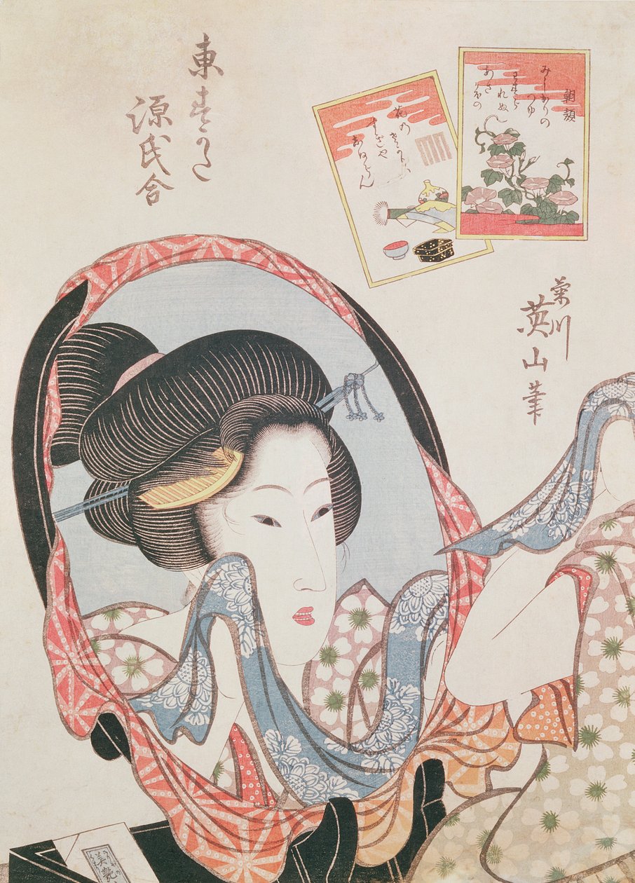 Vrouw bij haar spiegel, gepubliceerd ca. 1830 door Kikukawa Eizan
