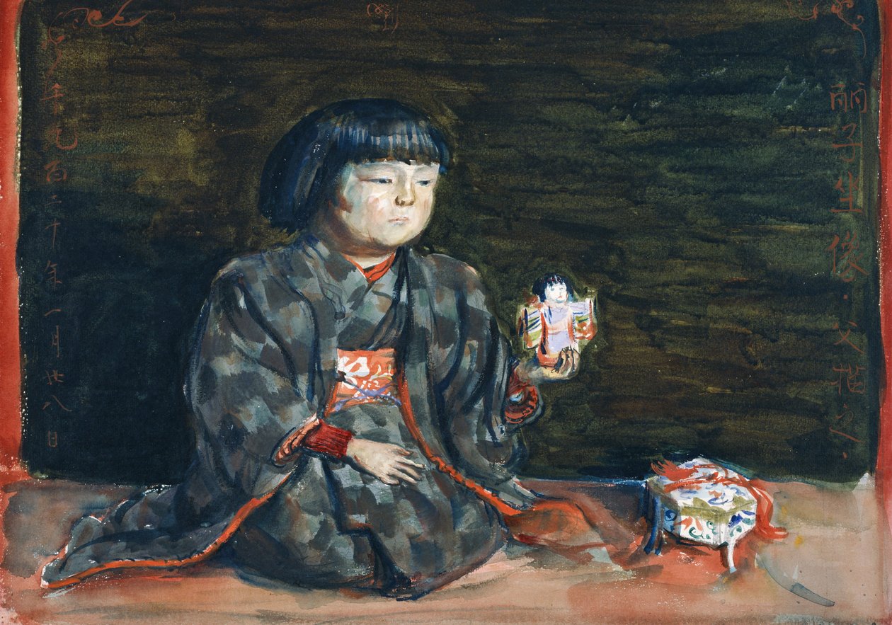 Zittend Portret van Reiko met een Pop door Kishida Ryusei