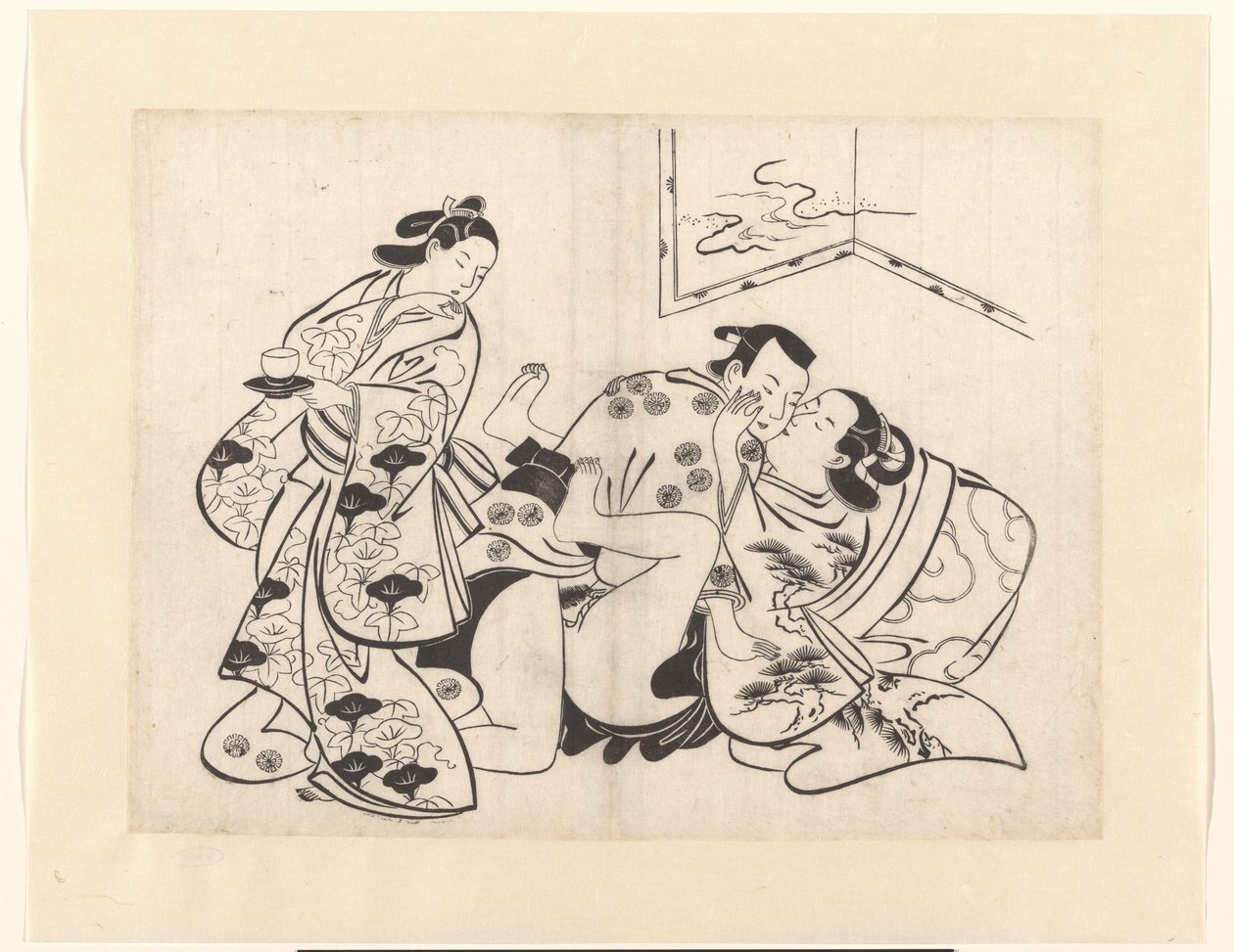 Vrijend paar met omkijkend meisje door Kiyonobu (I) , Torii