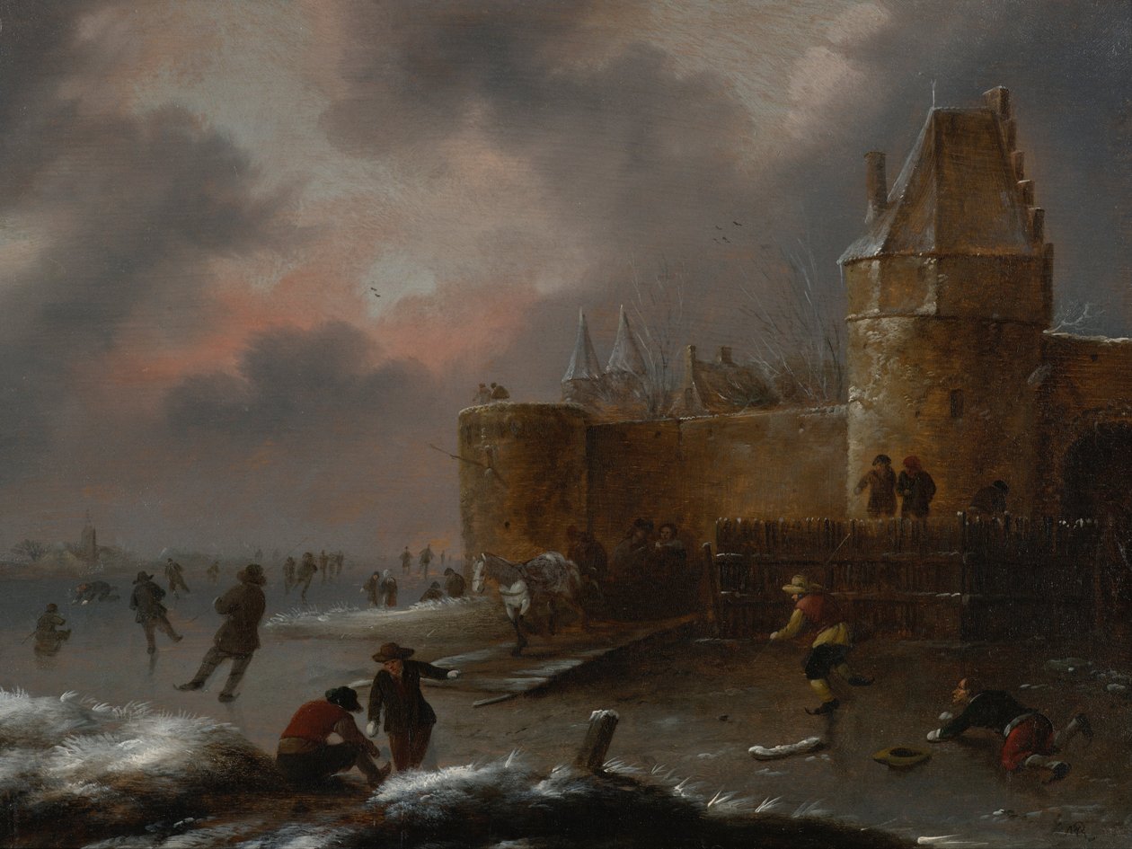 Winterlandschap met schaatsers door Klaes Molenaer