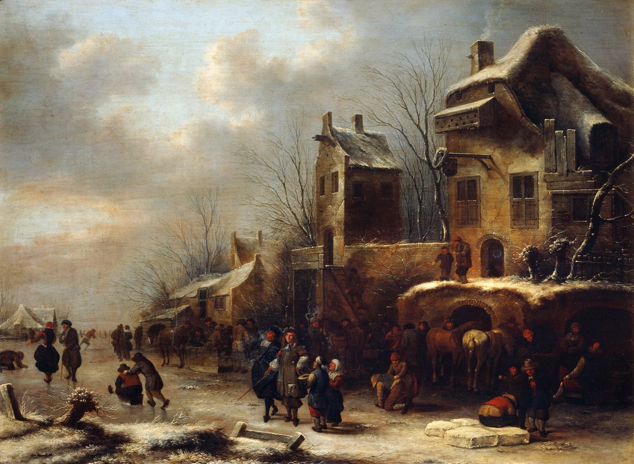 Schaatsbaan op een rivier, 1665 door Klaes Molenaer