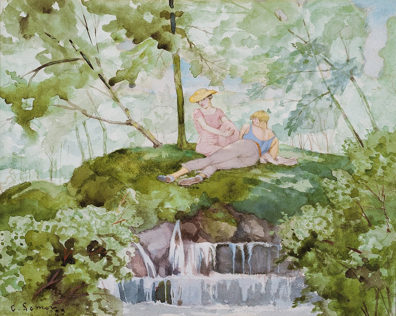 Liefhebbers in een landschap door Konstantin Andreevic Somov