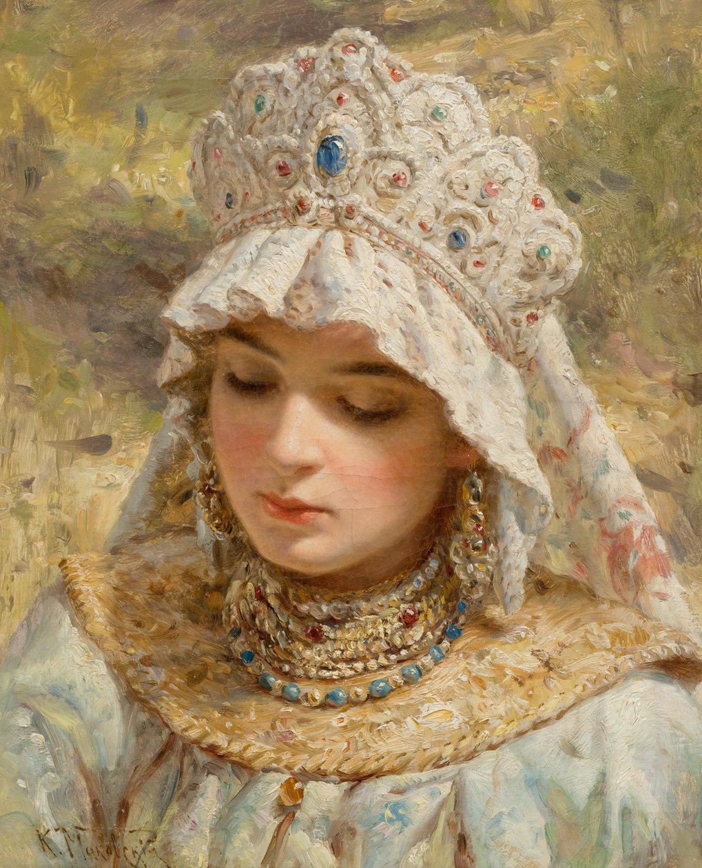 Konstantin Makovski (attr) Meisje met Kokoshnik door Konstantin Makovsky