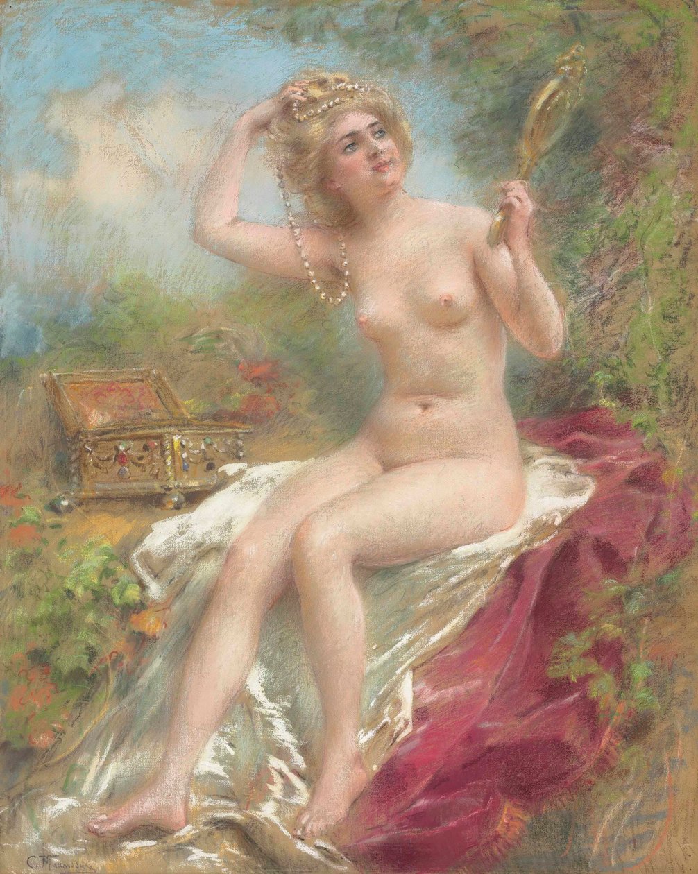 Zittend naakt kijkend in een spiegel door Konstantin Makovsky