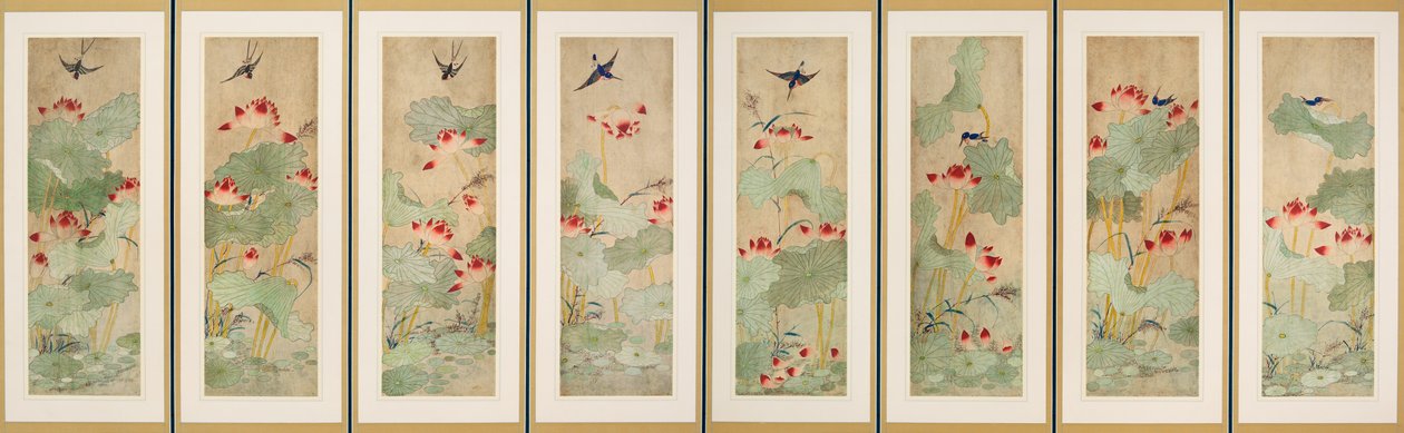 Lotusbloemen en vogels door Korean School