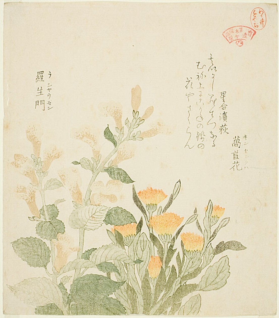 De goudsbloem en de Rajomanbloemen door Kubo Shunman