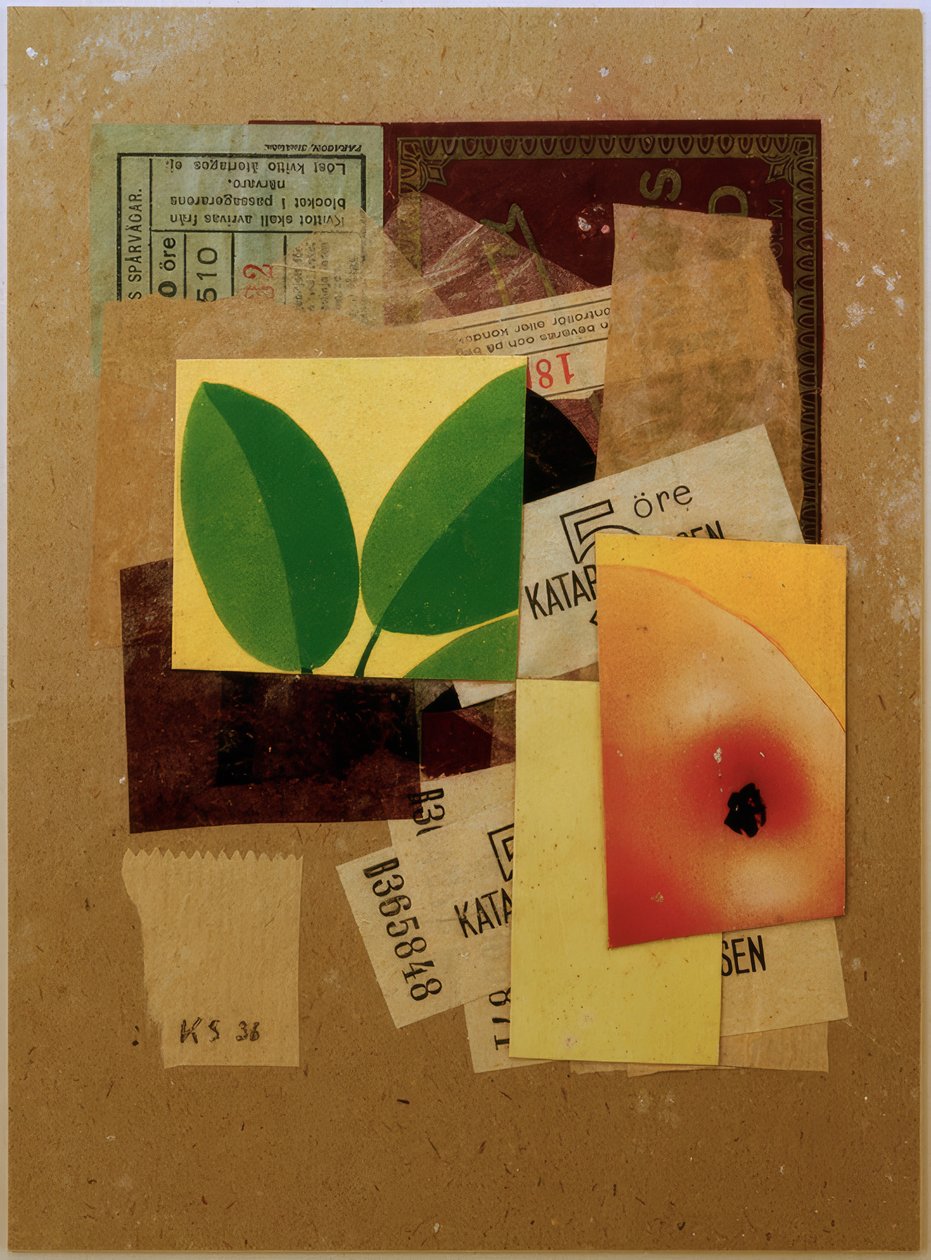 Zonder Titel (Met appelstuk en groene bladeren) door Kurt Schwitters