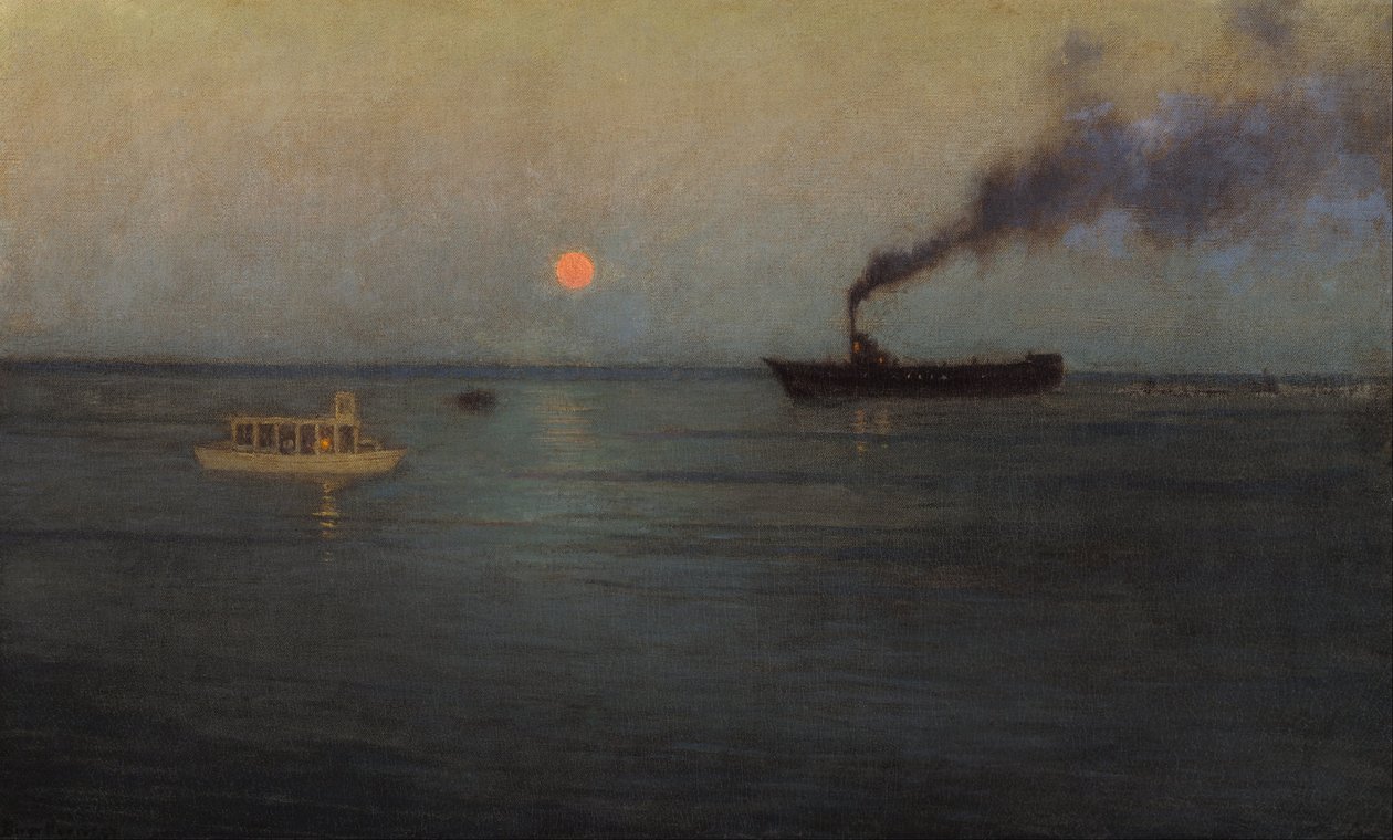 Roze maan bij de haven van Charleston door Lowell Birge Harrison