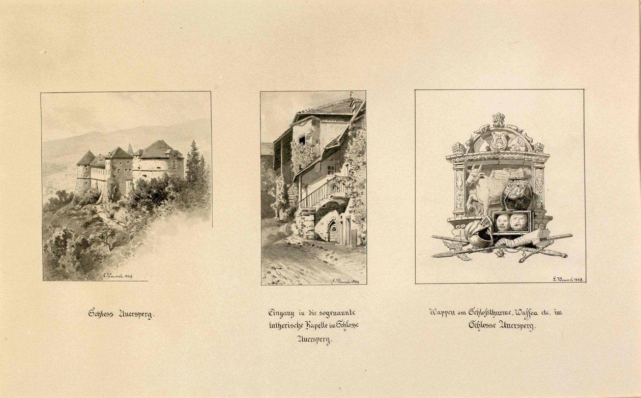 Turjak: Uitzicht op kasteel Turjak; Ingang naar de Lutherse kapel; Wapen van Turjak door Ladislav Benesch