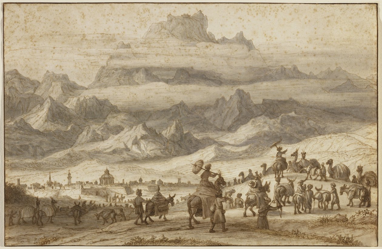 De ark van Noach op de berg Ararat, een kameelkaravaan buiten de stad Jerevan op de voorgrond, ca. 1690 door Lambert Doomer