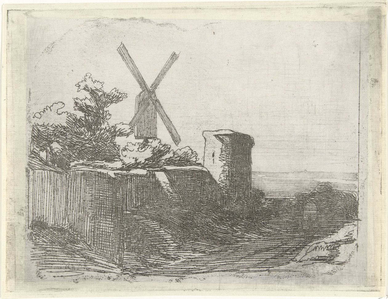 Ruïne met molen door Lambertus  Hardenberg