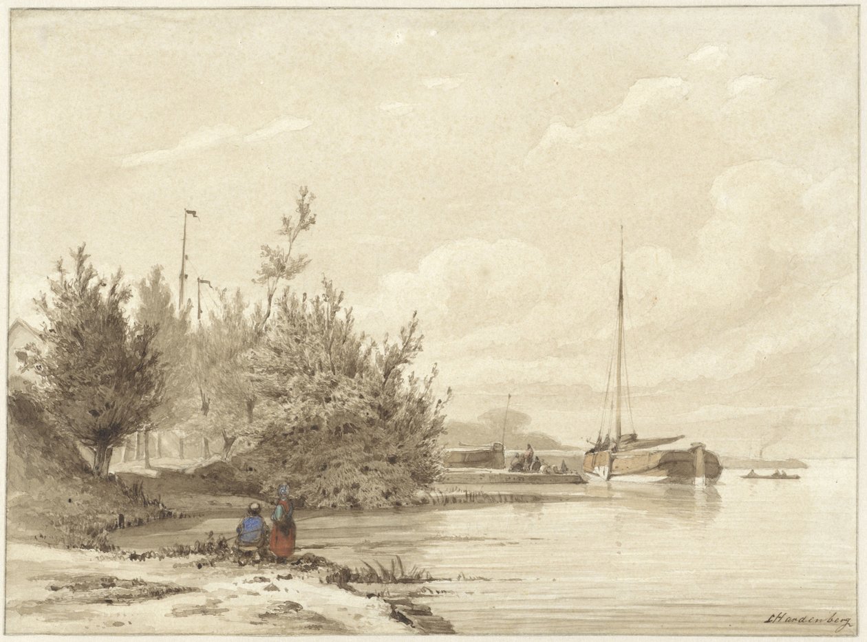 Landschap met gemeerde Boten aan een Rivieroever door Lambertus  Hardenberg