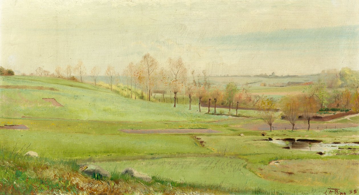 Voorjaarslandschap met lichtgroene velden; een waterpoel naar rechts Mogenstrup door Laurits Andersen Ring