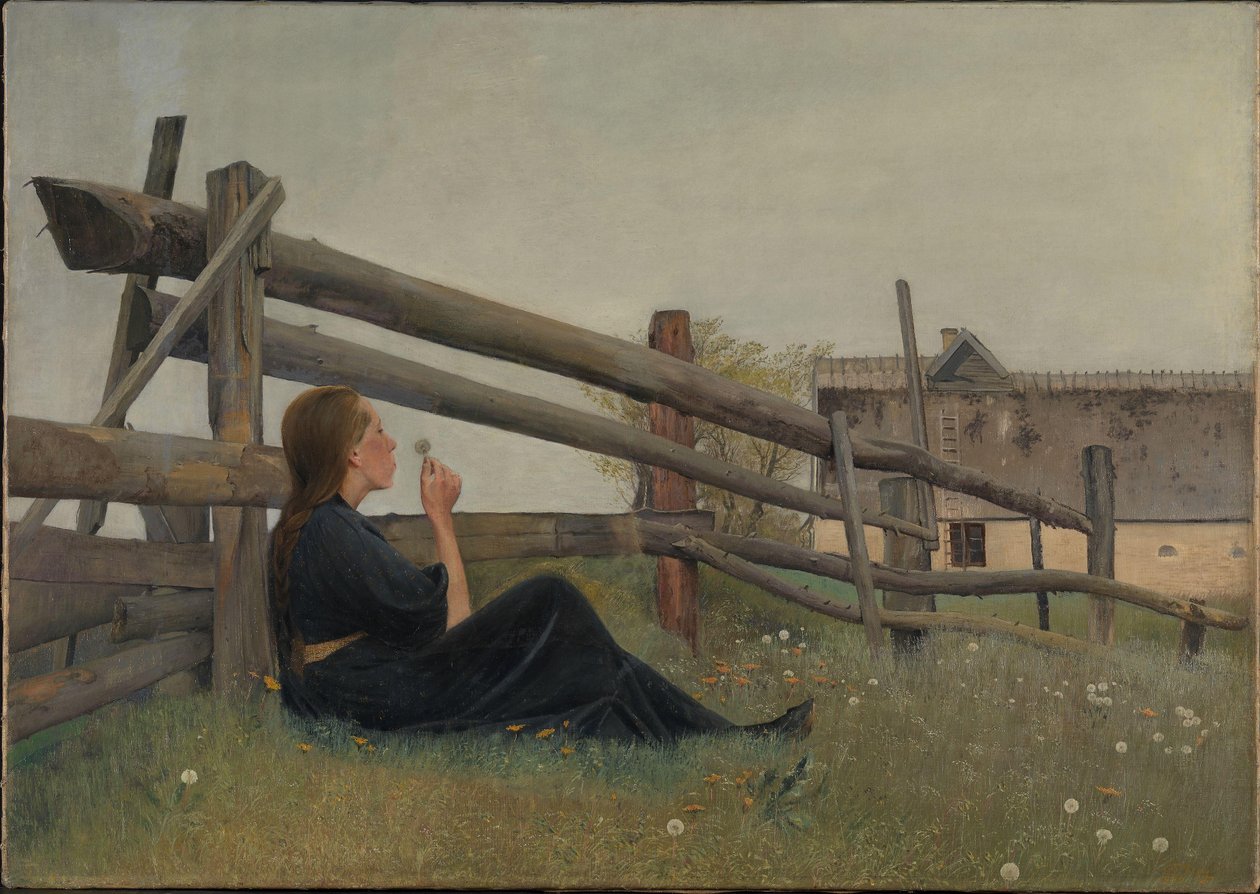 Juni. Meisje dat paardenbloemzaden blaast, 1899 door Laurits Andersen Ring