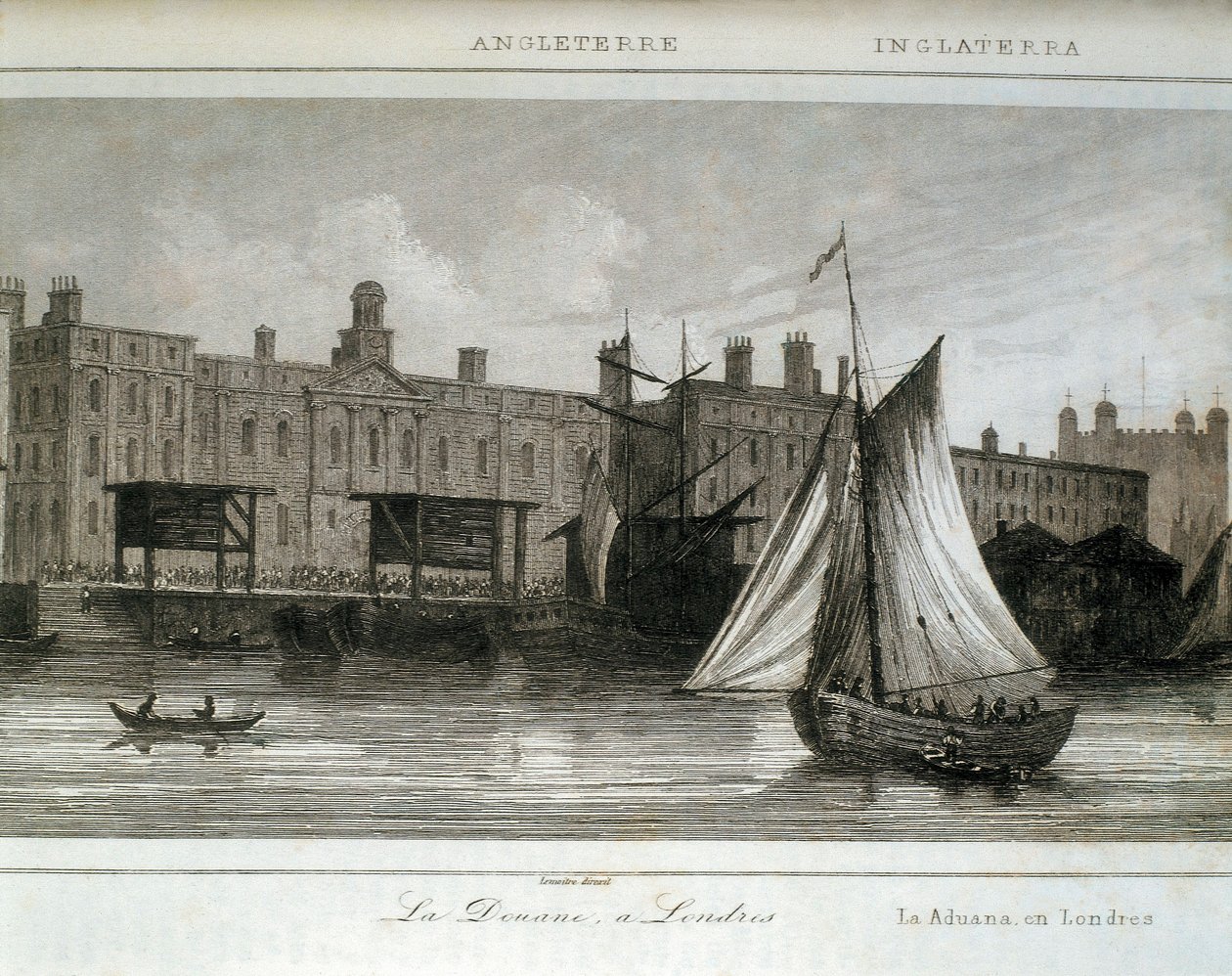 Londense douane op de rivier de Theems, Engeland (gravure) door Lemaitre