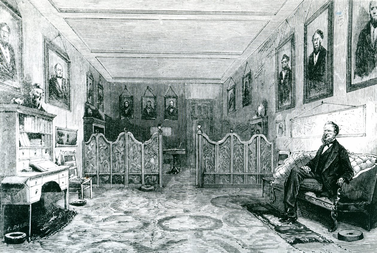Brigham Young (1801-77) de Hogepriester van de Mormonen in zijn Studie, illustratie uit Le Monde Illustre, gepubliceerd in 1871 door Leo after Nye