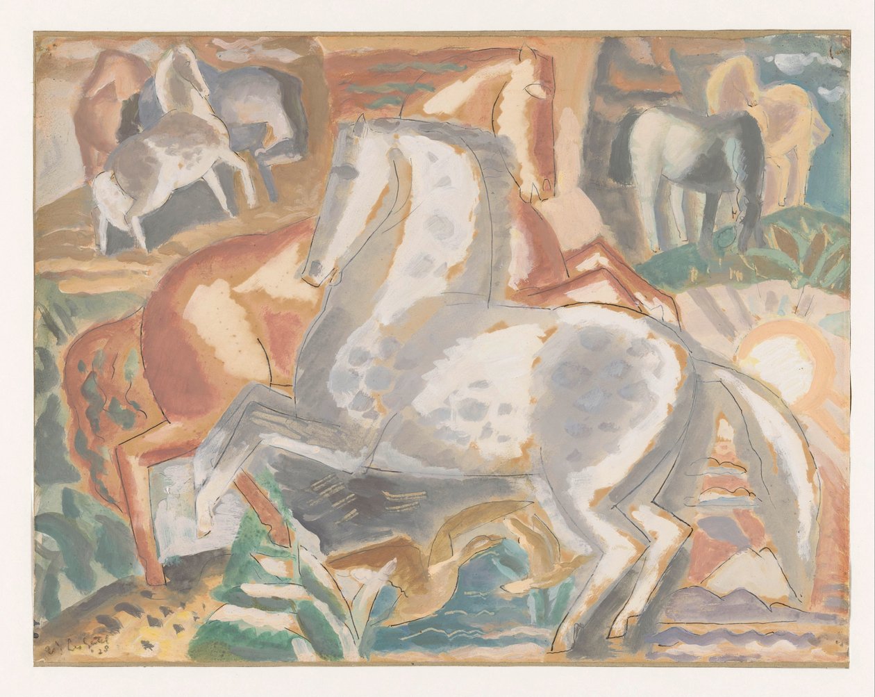 Paarden in landschap door Leo Gestel (signed by artist)