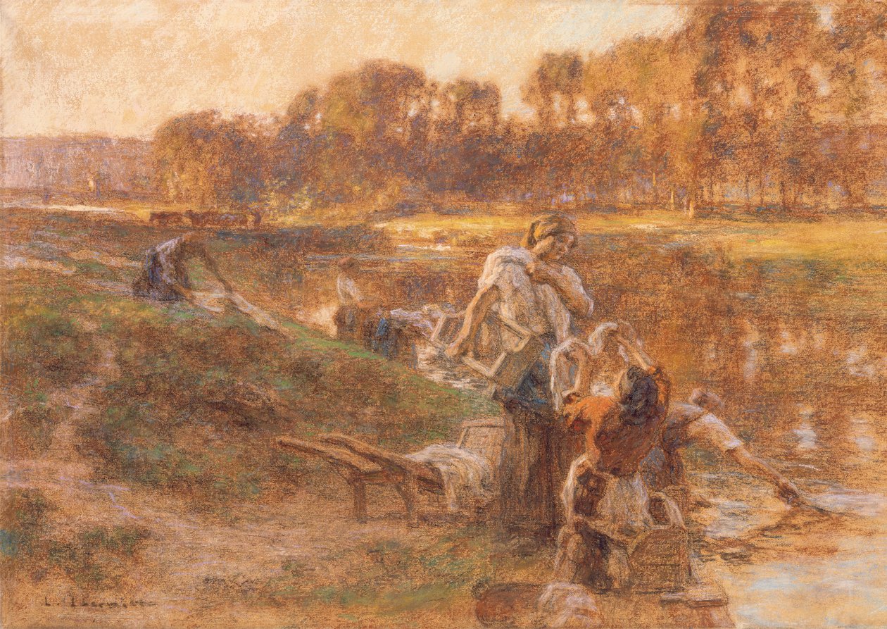Wasvrouwen in zonovergoten rivierlandschap door Leon Augustin Lhermitte