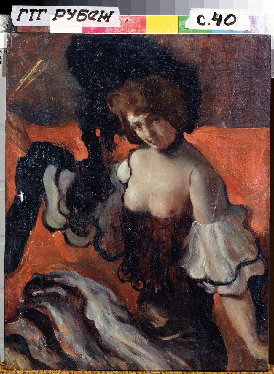 In een restaurant, dame in het zwart door Leon Bakst