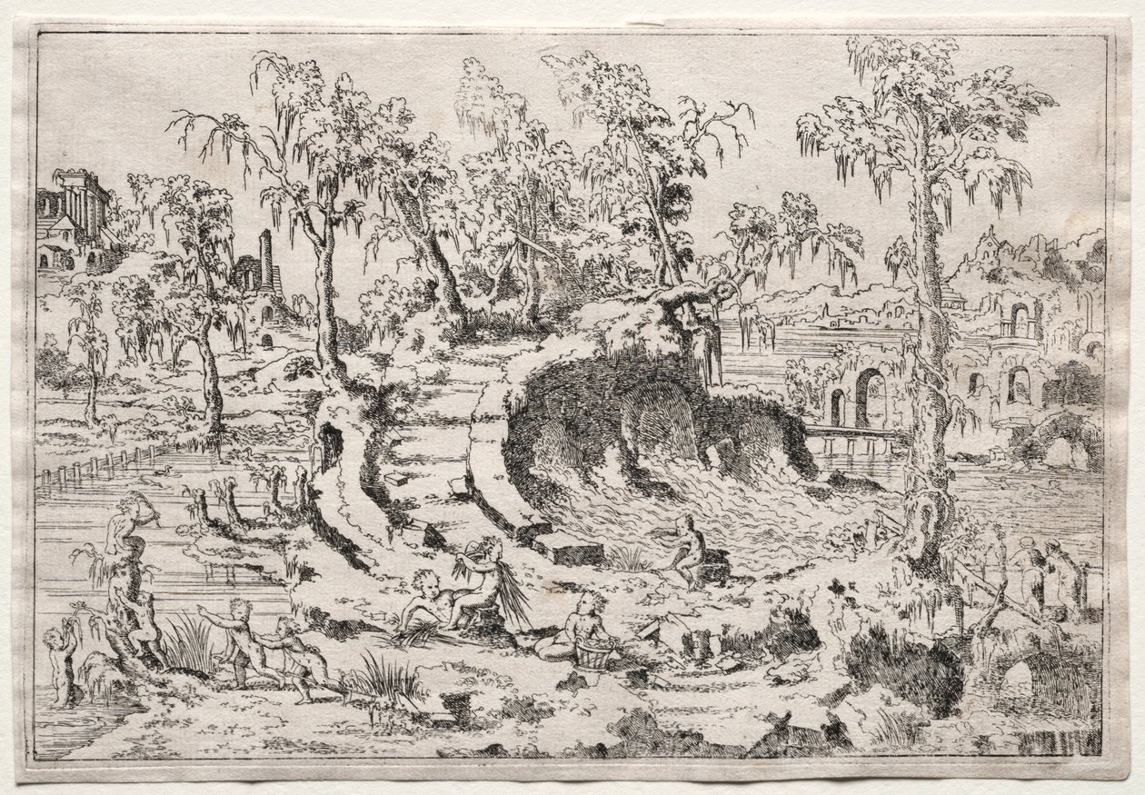 Landschap met putti, ca. 1550 door Leon Davent
