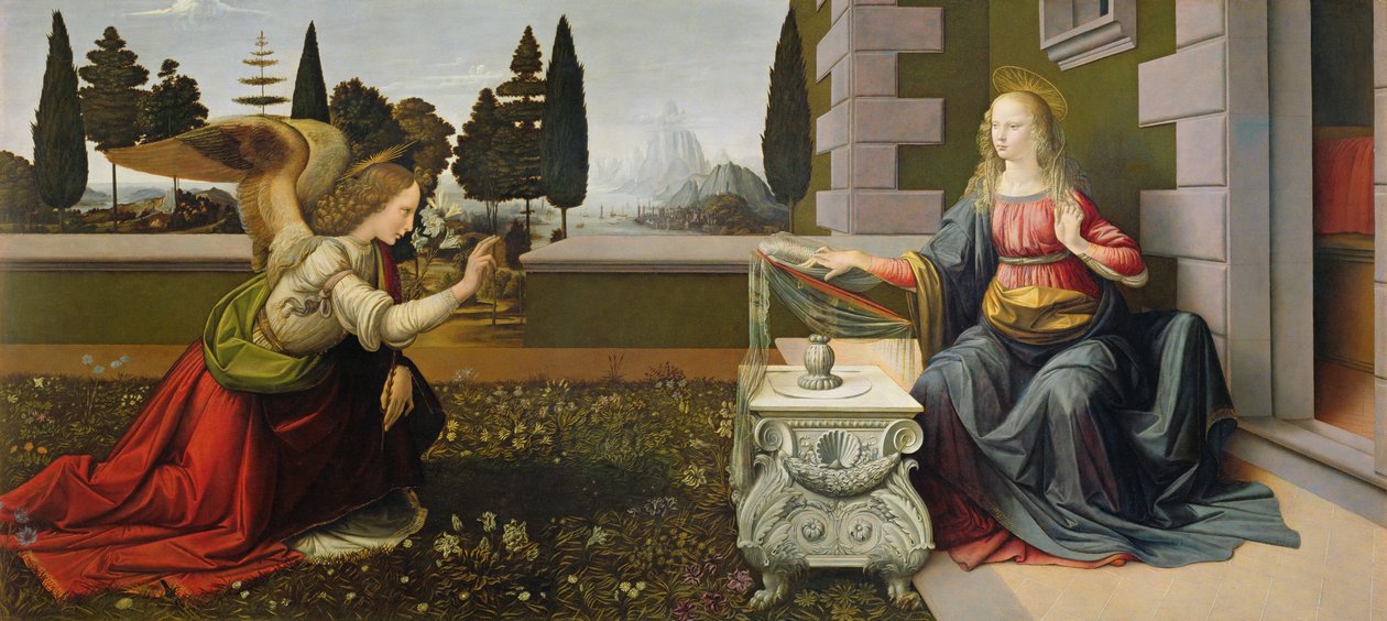 Annunciatie, 1472-75 (na restauratie) door Leonardo da Vinci