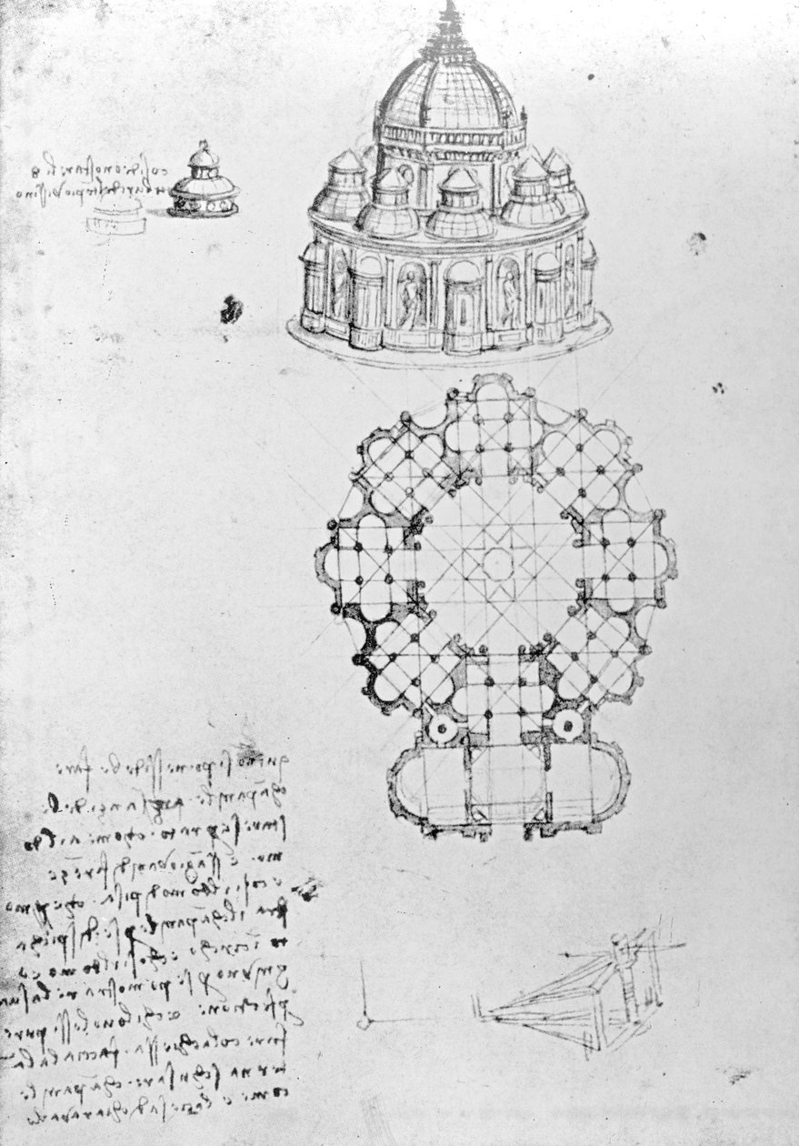 Gecentraliseerde kerk en maritieme techniek, Fol. 5v uit Codex Ashburnham (voorheen deel van Manuscript B (2184), ca. 1488 door Leonardo da Vinci