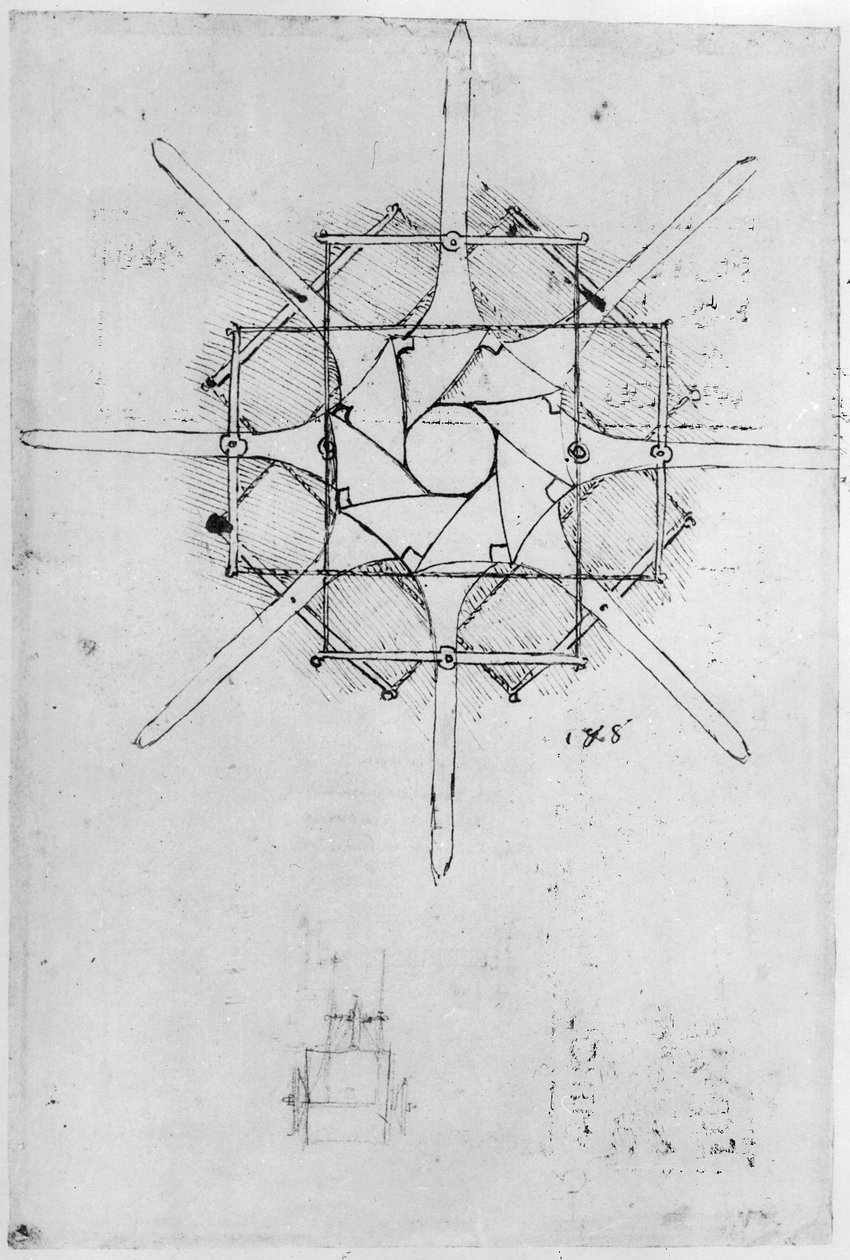 Ontwerp voor een opvouwbare kaapstanderhendel door Leonardo da Vinci