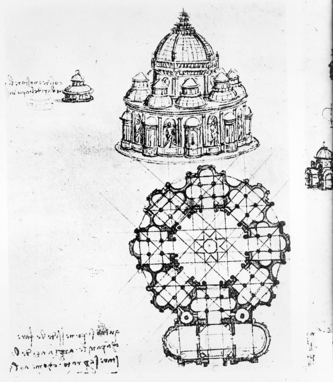 Detail van een gecentraliseerde kerk, ca. 1488 door Leonardo da Vinci