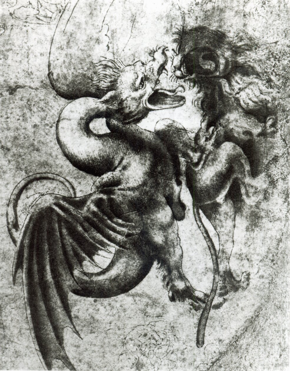 Gevecht tussen een Draak en een Leeuw (bruine inkt met was op papier) door Leonardo da Vinci