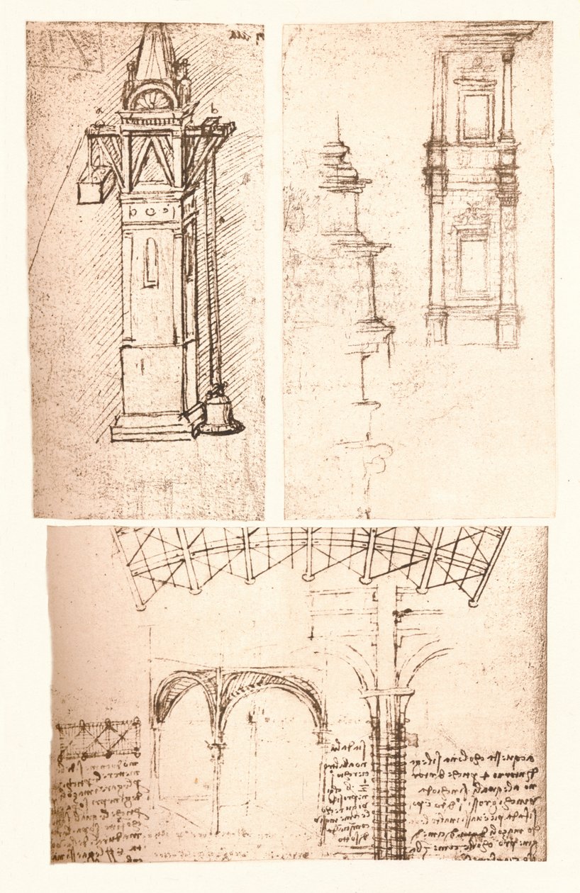 Drie architecturale tekeningen, ca. 1472-ca. 1519, 1883 door Leonardo da Vinci