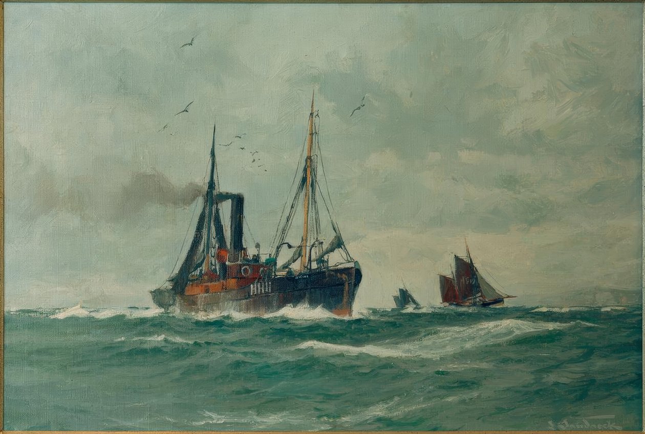 Visstoomboot en twee Finkenwerder Ewer door Leonhard Sandrock