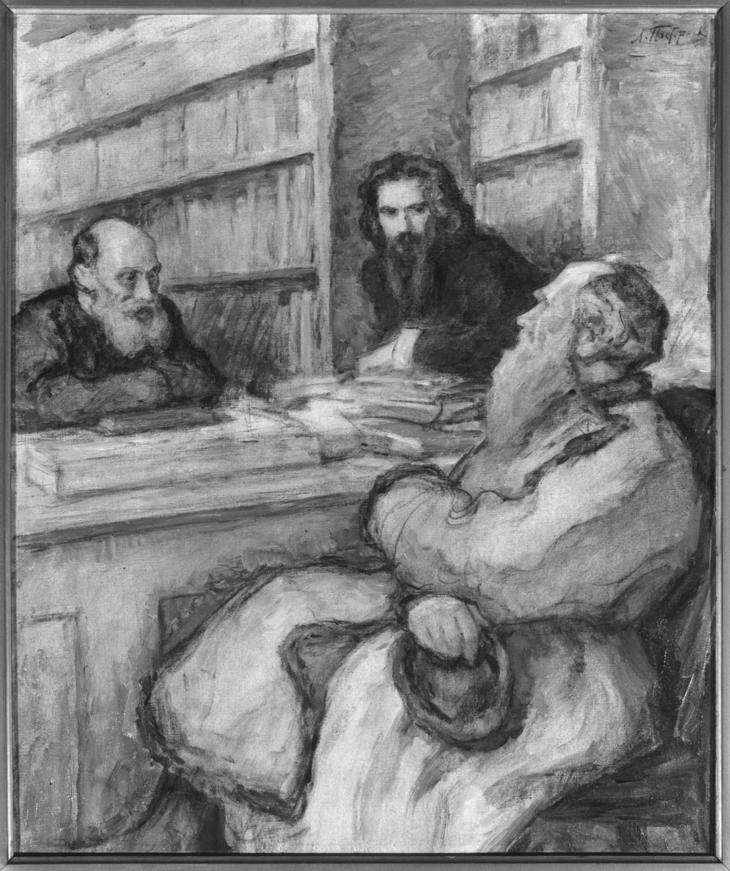 Leo Tolstoy met Nicolas Fedorov en Vladimir Solovyov, Russische filosofen door Leonid Osipovic Pasternak