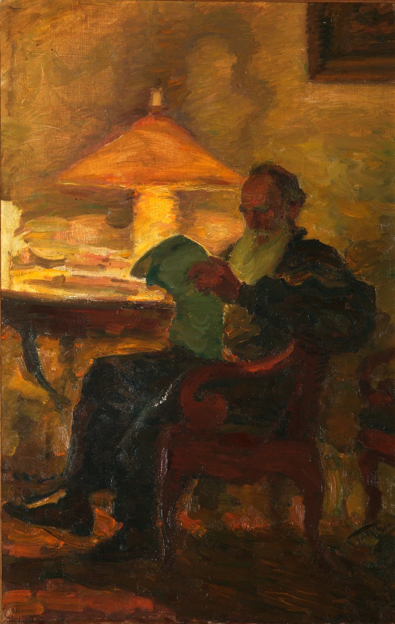 Leo Tolstoy met een krant door Leonid Osipovic Pasternak