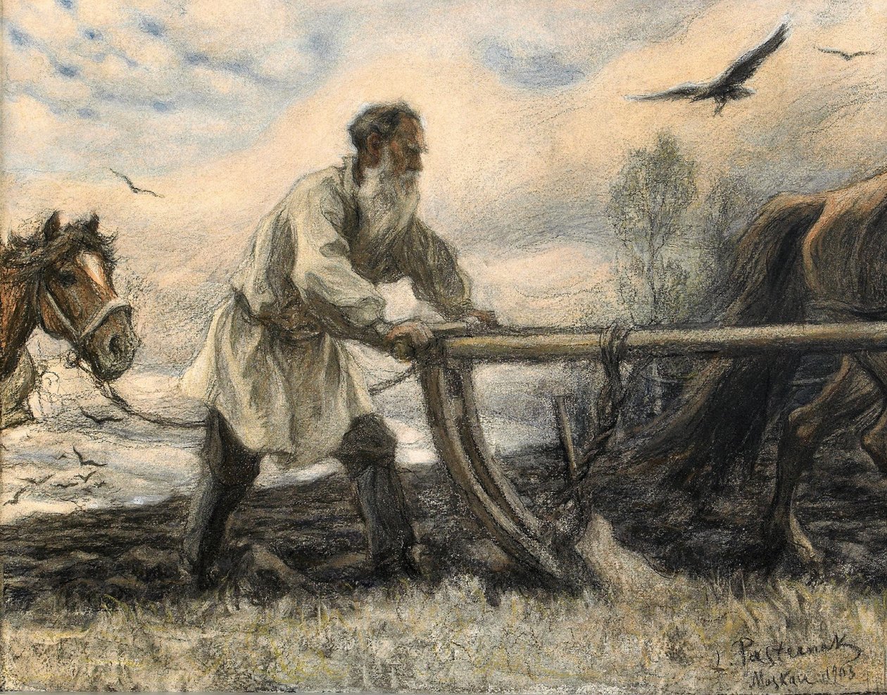 Lev Tolstoy aan de ploeg, 1903 door Leonid Osipovic Pasternak