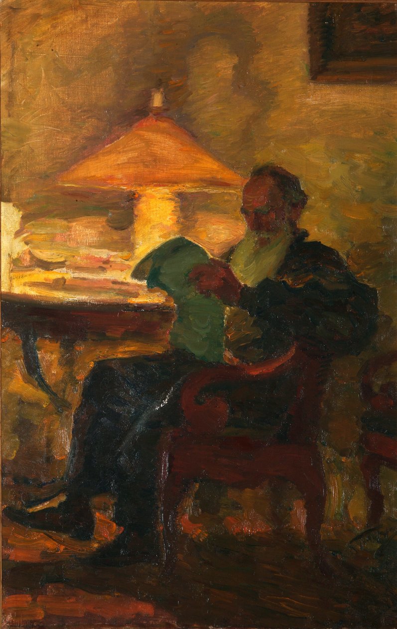 Leo Tolstoy met een krant, 1901 door Leonid Osipovich Pasternak