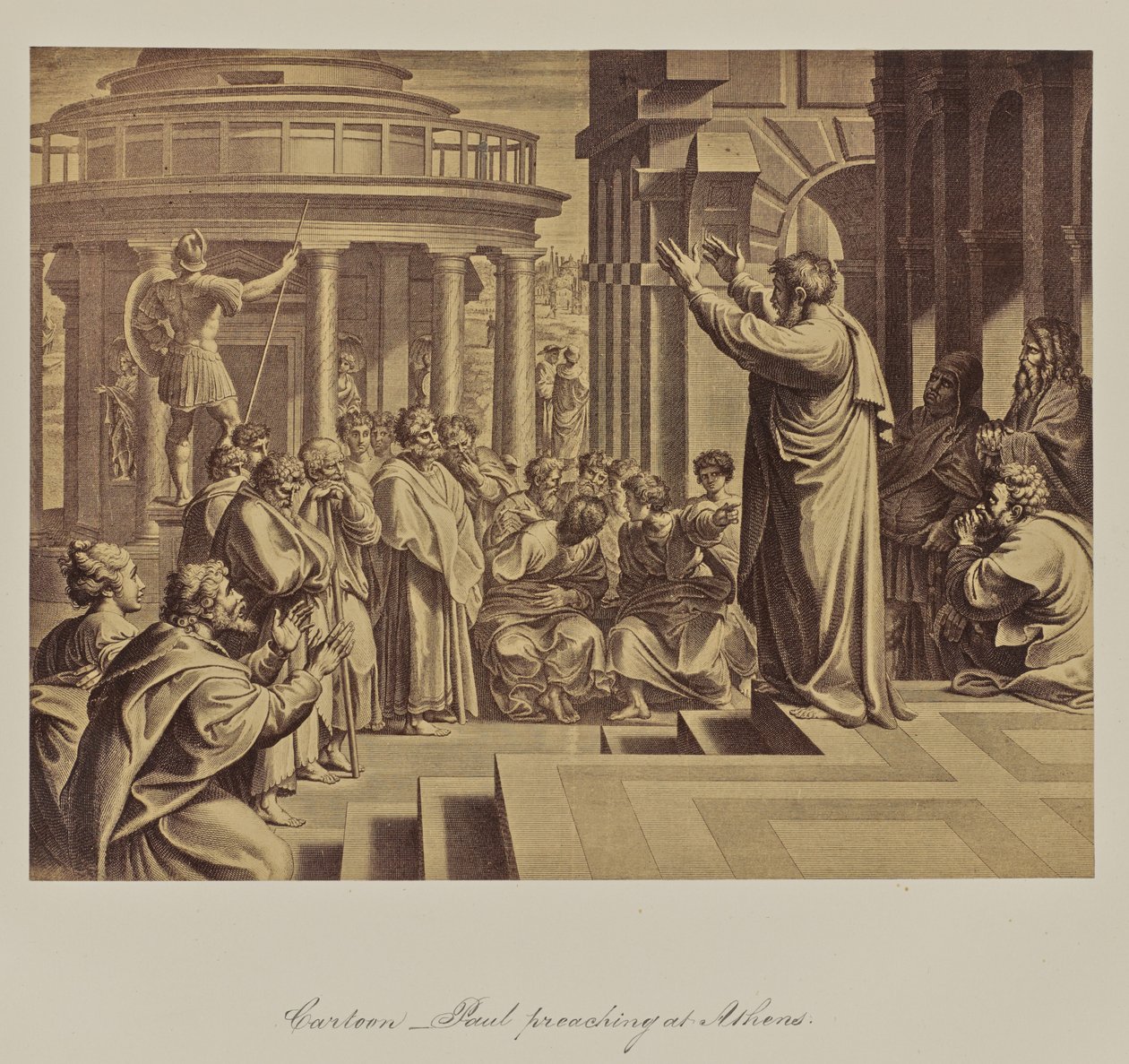 Spotprent - Paulus preekt in Athene. door Leonida Caldesi