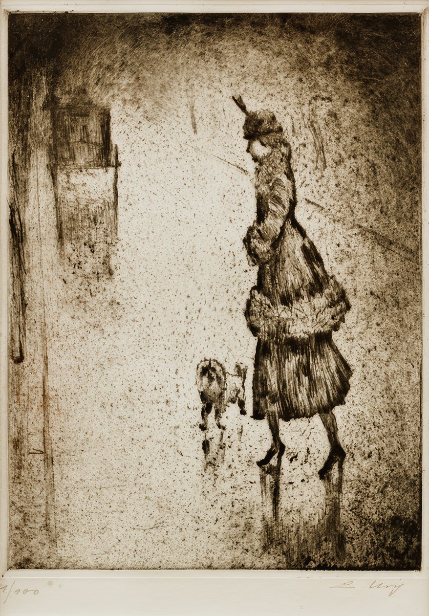 Dame met poedel op natte straat (koets links) door Lesser Ury