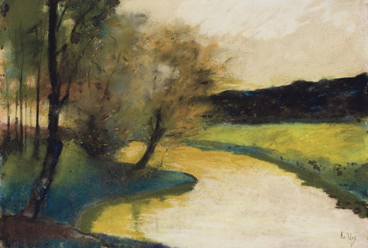 Herfstig beeklandschap in avondlicht door Lesser Ury