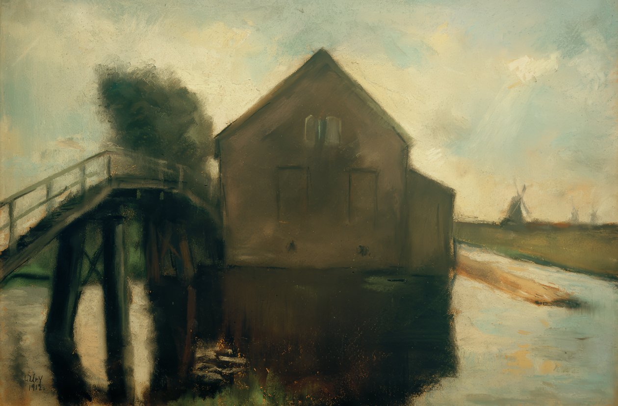 Nederlandse landschap met windmolens door Lesser Ury