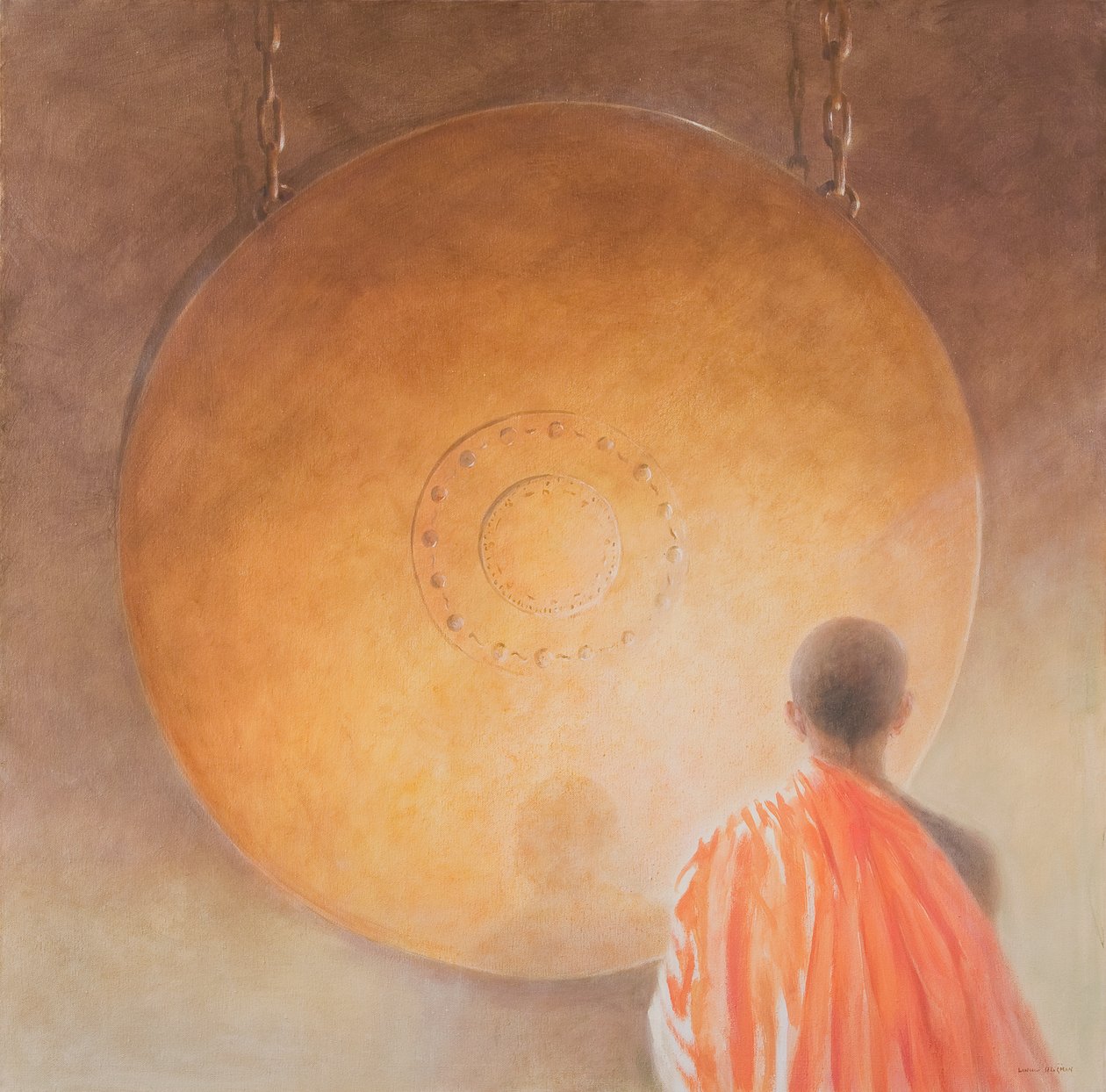 Jonge boeddhistische monnik en gong, Bhutan, 2010 door Lincoln Seligman