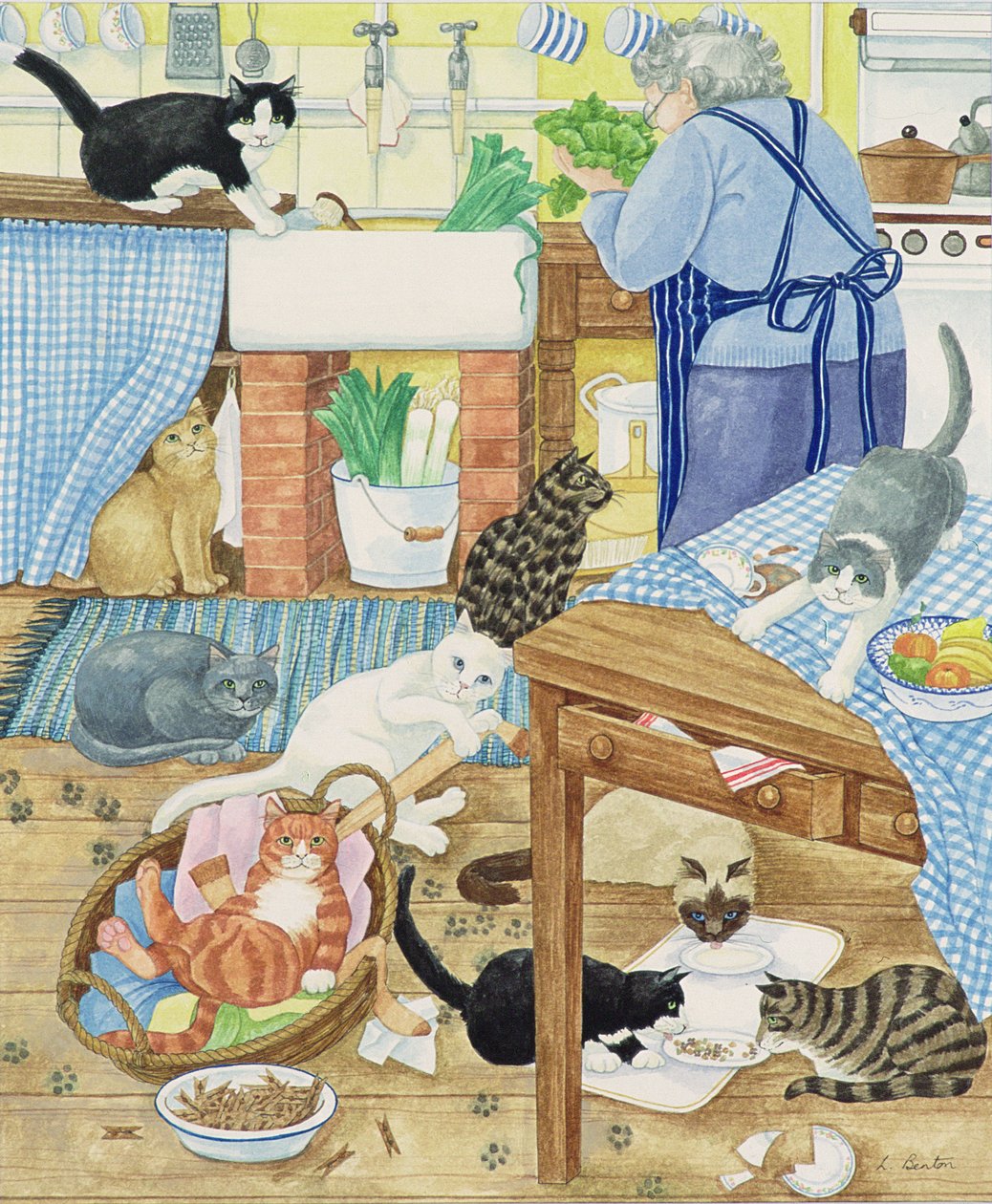Oma en 10 katten in de keuken door Linda Benton
