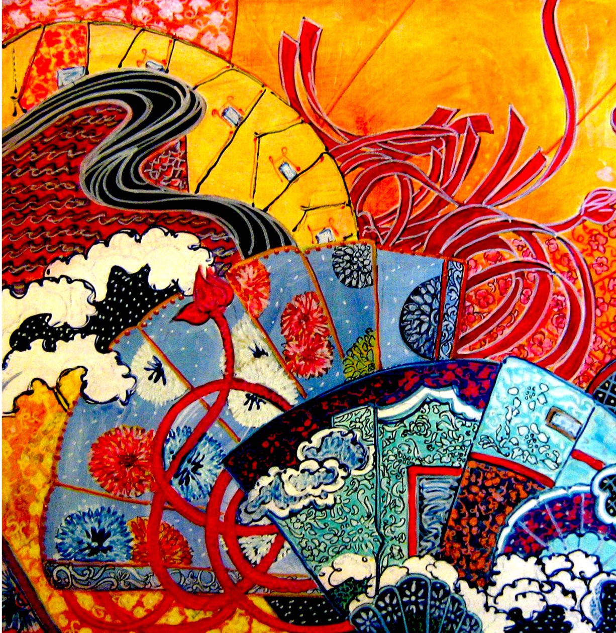 Oosterse Fans, 2013 (gemengd, acryl, inkt, olie) door linda arthurs
