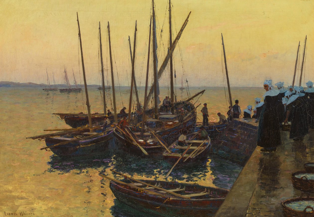 Vissersboten langs de pier door Lionel Walden