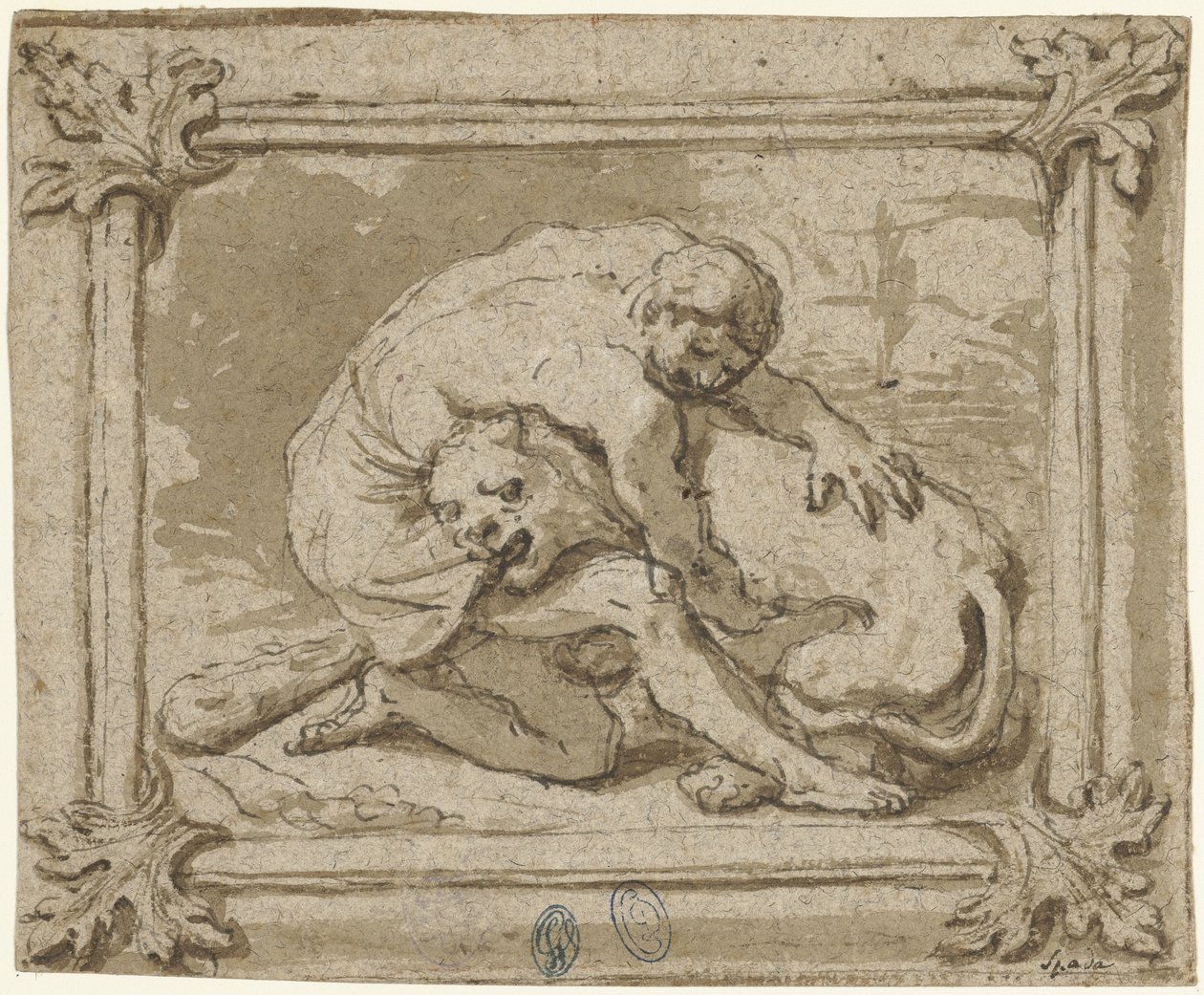 Hercules in gevecht met de Nemische leeuw door Lionello Spada