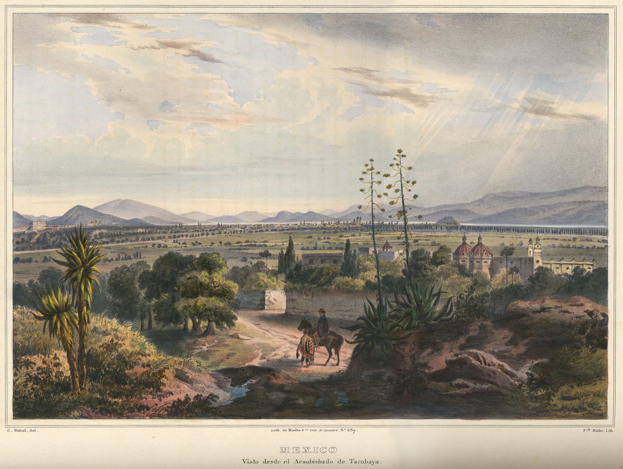 Mexico, gezien vanaf het Arsobisbado van Tacubaya. Mexico-Stad gezien vanaf Tacubaya. Handgekleurde lithografie met gom arabicum. Originele grootte (nette lijnen) door Frederic Mialhe