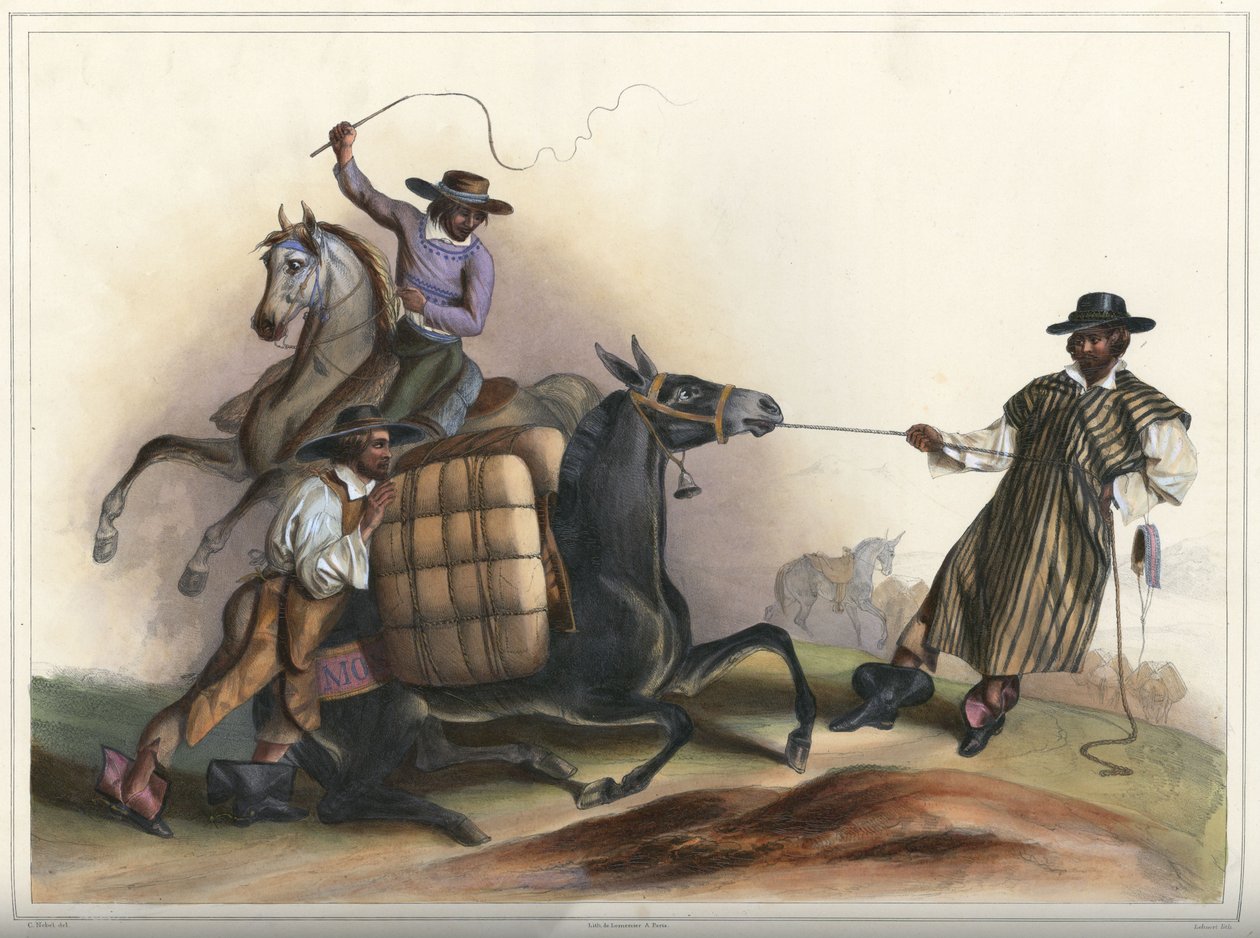 Arrieros, kostuumgroep door Lithograph by Pierre Frédéric Lehnert