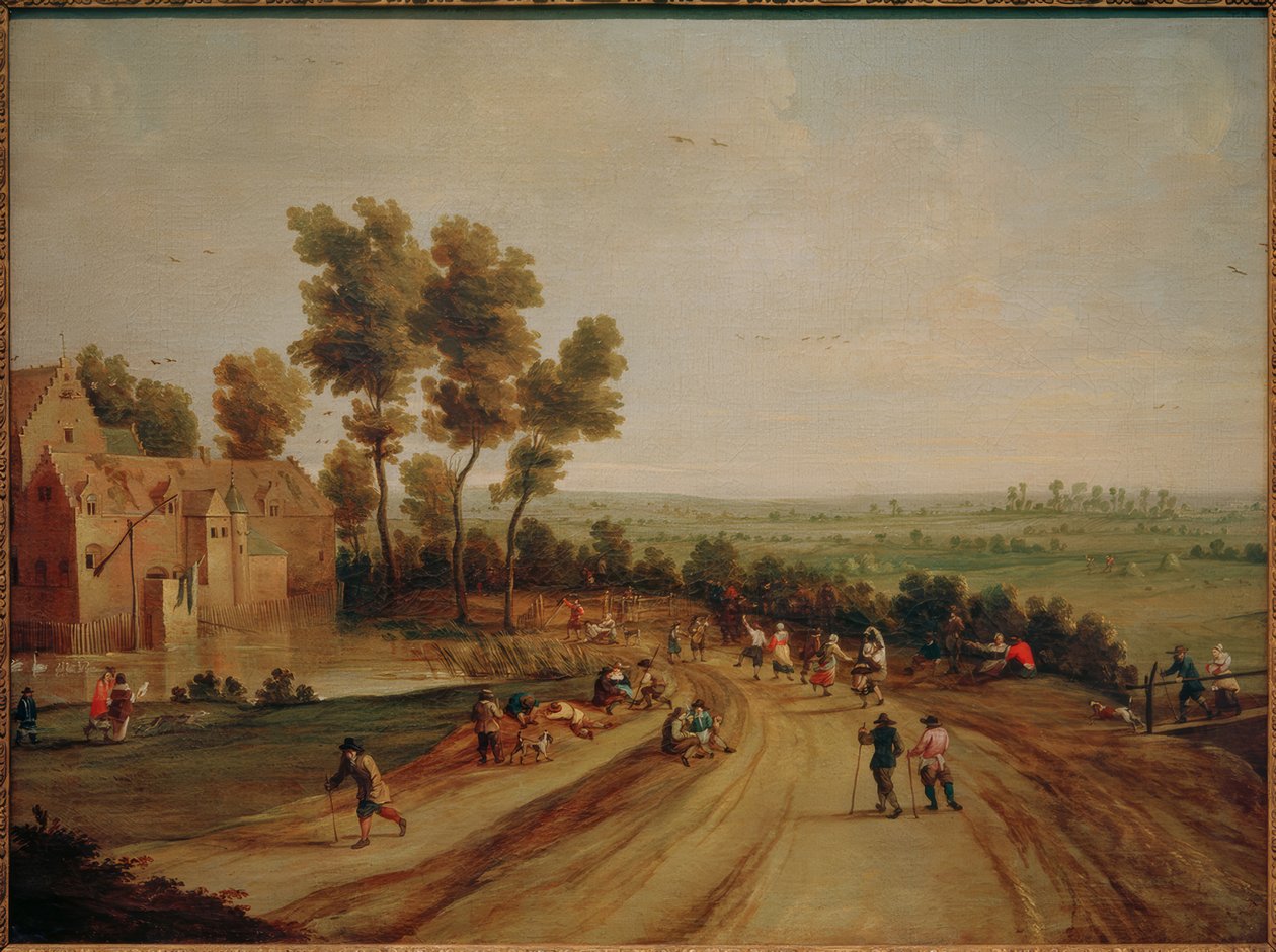 Landschap met dansende en rustende boeren door Lodewijk de Vadder