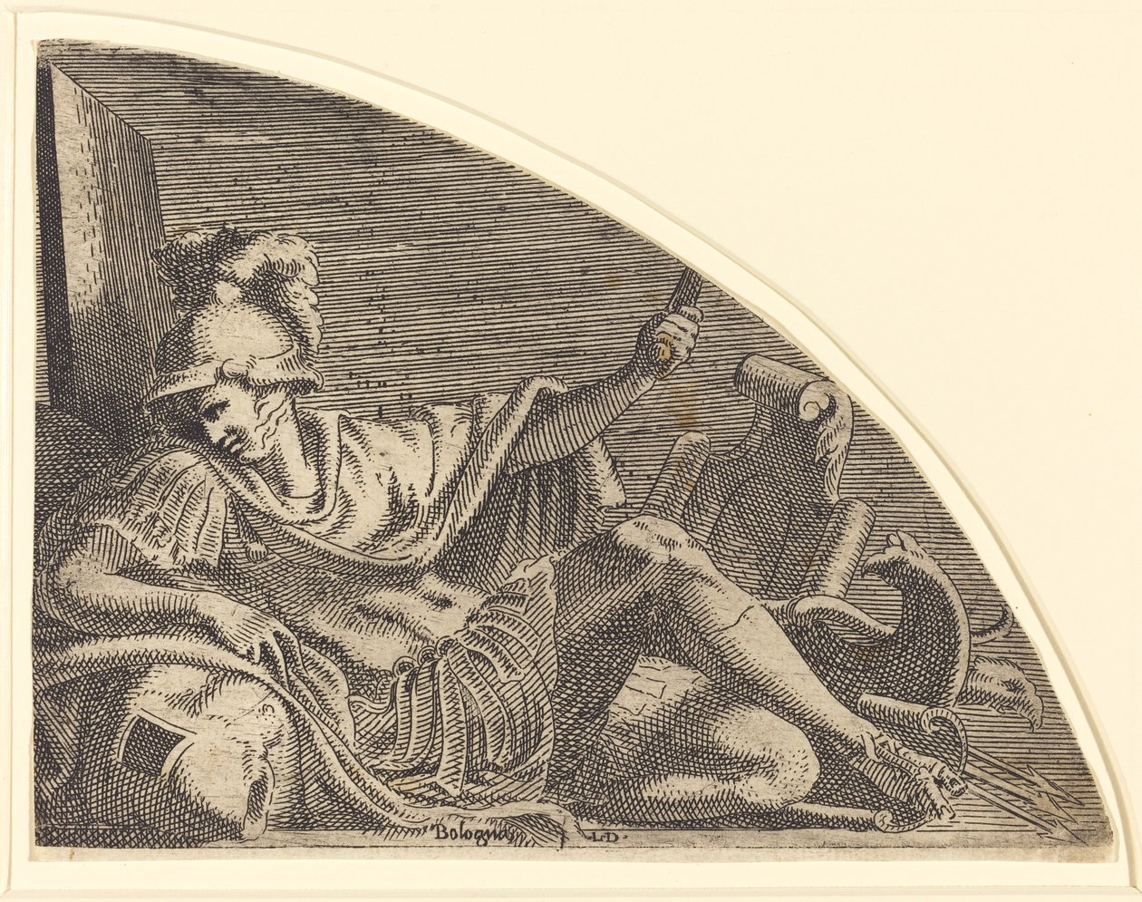 Mars Zittend op Trofeeën door Léon Davent after Francesco Primaticcio