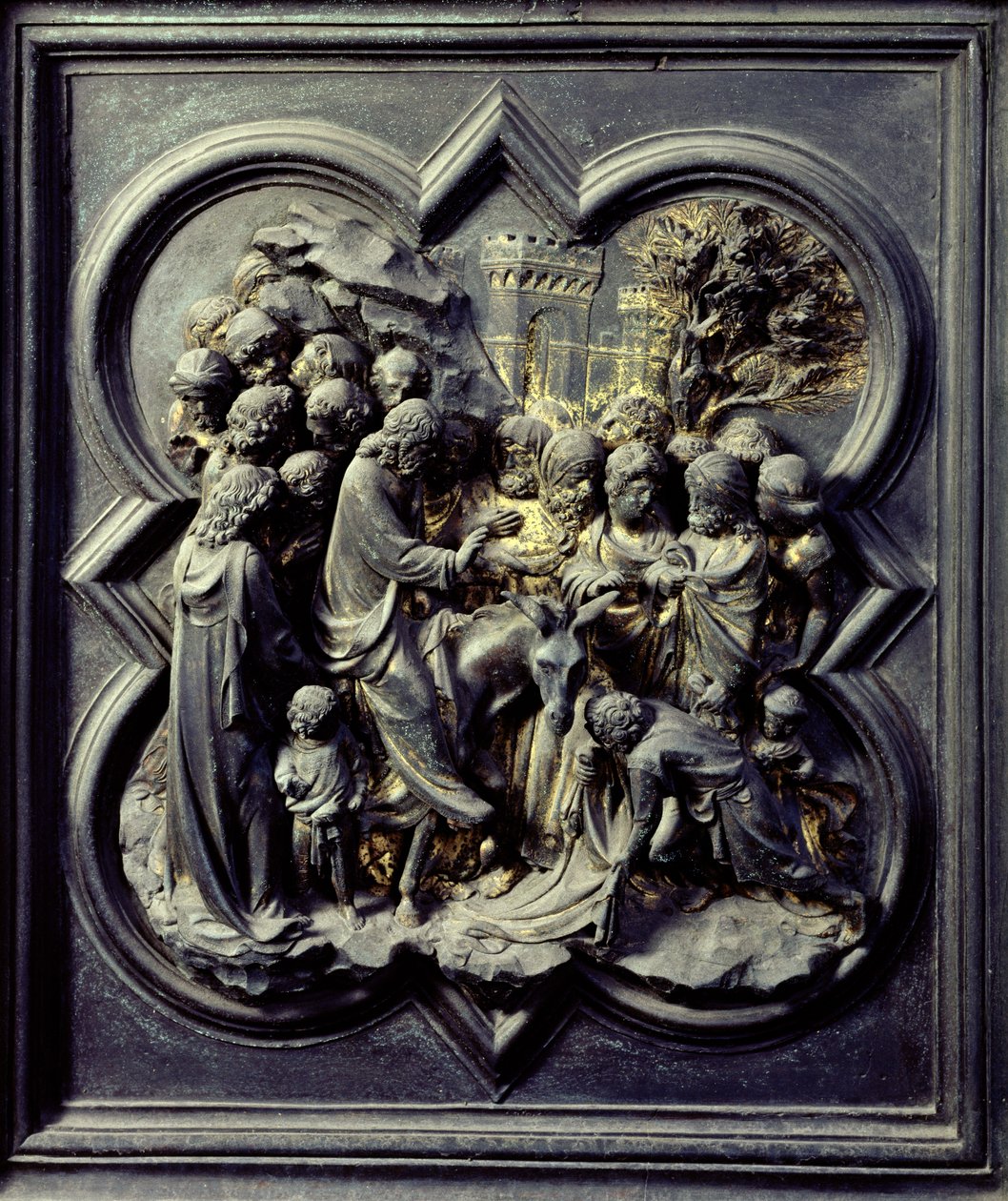 Intocht van Jezus in Jeruzalem, elfde paneel van de Noorddeuren van het Baptisterium van San Giovanni, 1403-24 door Lorenzo Ghiberti