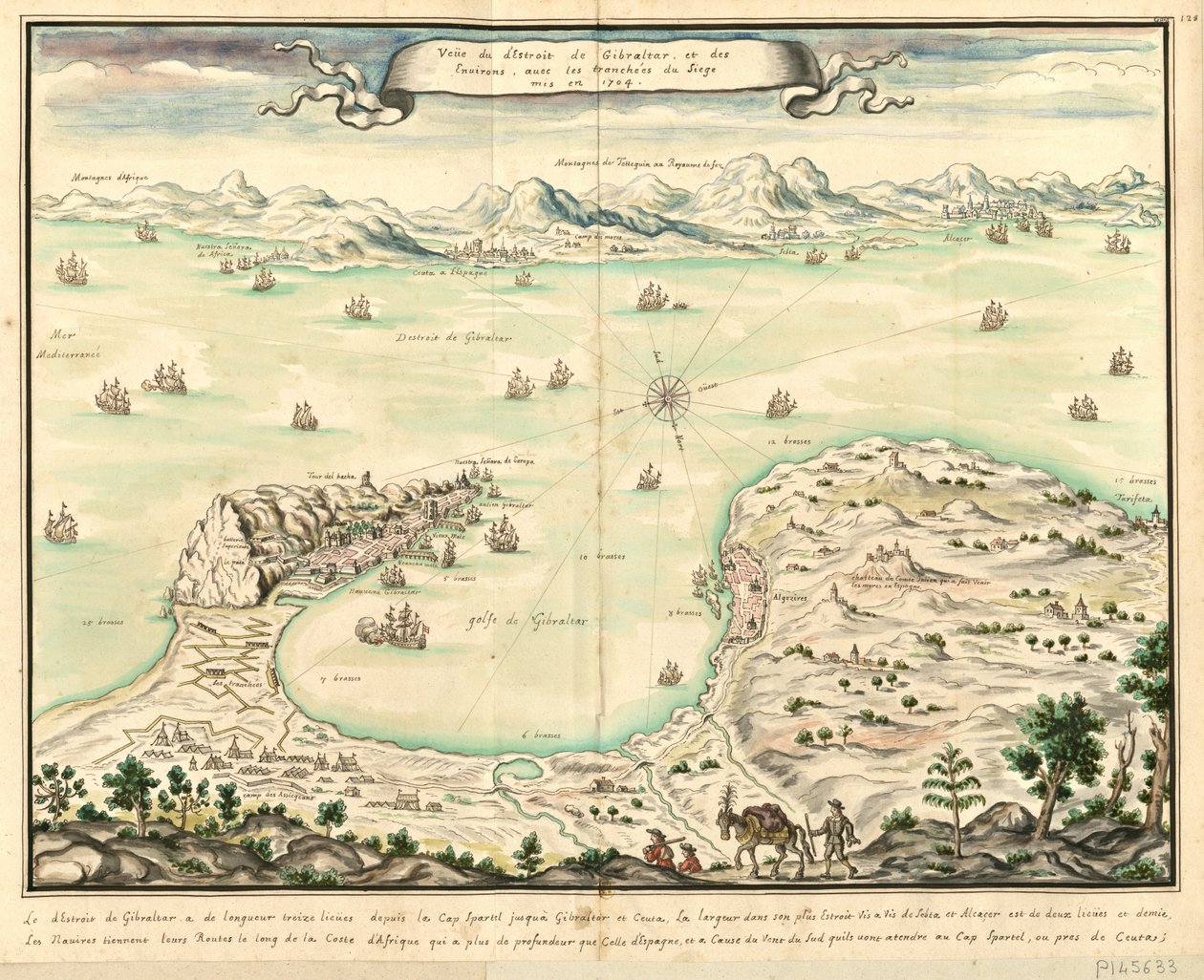 Uitzicht op de Straat van Gibraltar en de omgeving, met de loopgraven van het beleg in 1704 door Louis Boudan